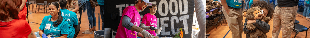 Three-panel collage from Medical Mission at Home events showing a volunteer treating a patient's foot, volunteers serving food, and a blood pressure check.